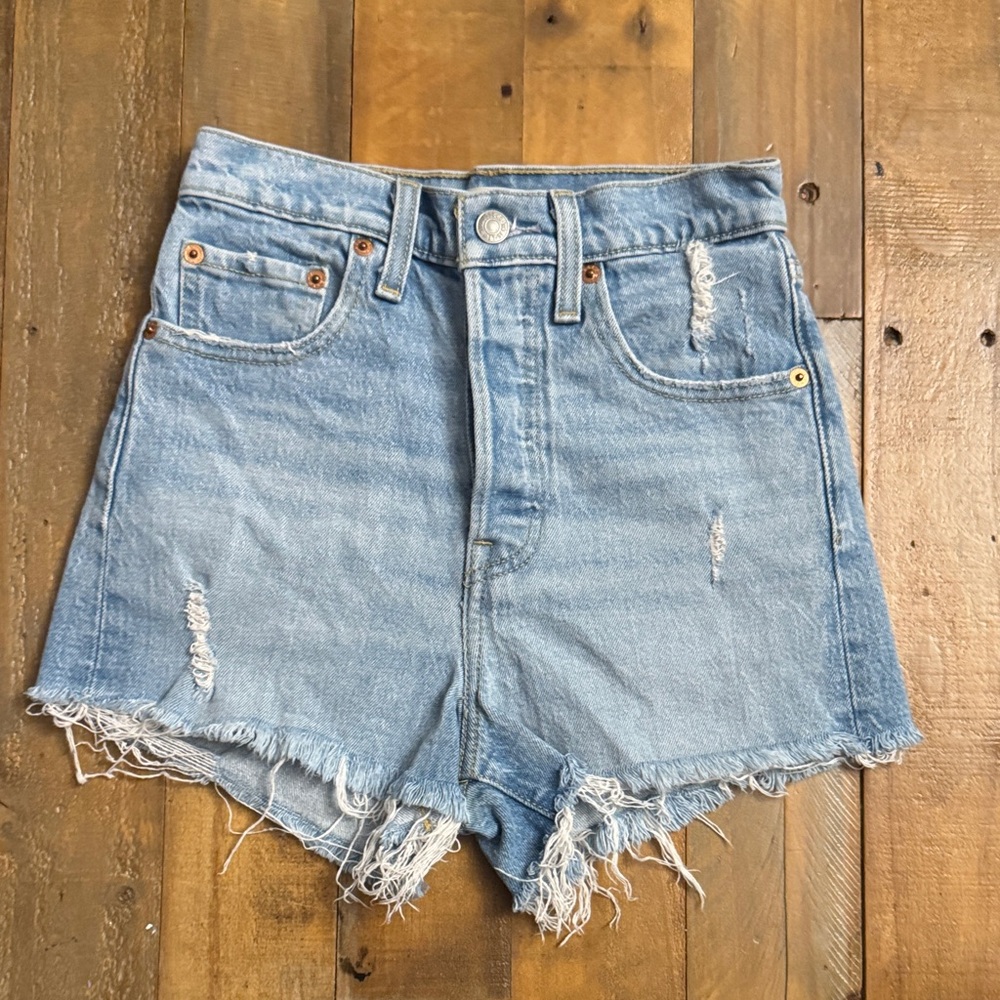 Levi's premium Light Blue Distressed Jean Shorts ribcage 24 EUC